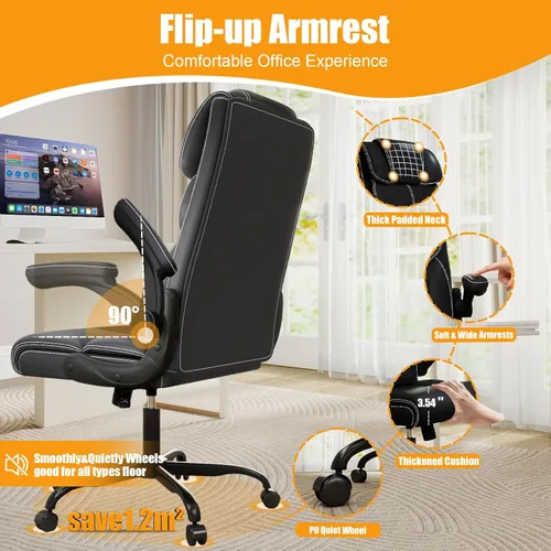 Vista 6 de Silla de oficina ejecutiva con reposabrazos abatibles, sillas ergonómicas de escritorio para computadora, silla de oficina de cuero con respaldo
