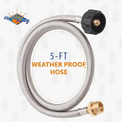 Vista 3 de Flame King Manguera trenzada de acero de 5 pies, adaptador de tanque de propano de 1 libra a 20 libras, conecta electrodomésticos portátiles a