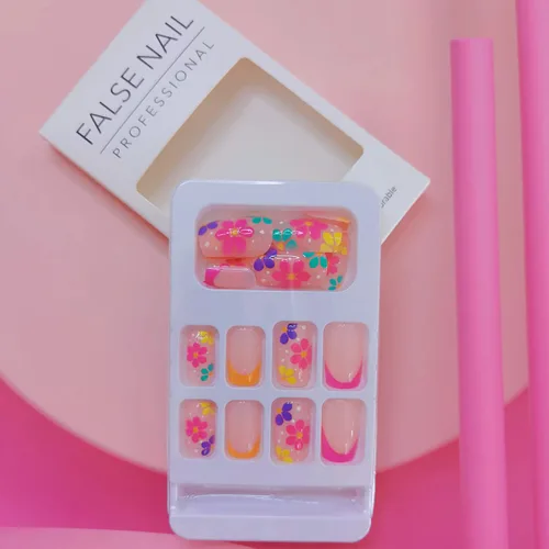 Vista 4 de SINSEN Uñas postizas cuadradas a presión, uñas postizas cortas con flores coloridas, uñas con pegamento, puntas de uñas francesas rosas, uñas