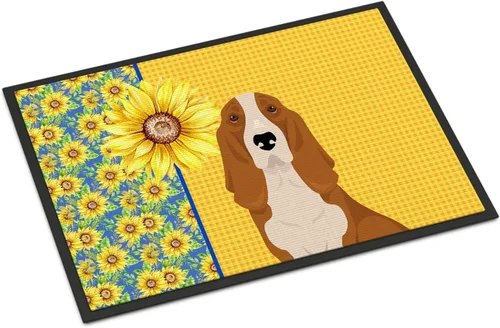 Caroline's Treasures WDK5326JMAT - Tapete tricolor con diseño de girasoles de verano rojo y blanco de Basset Hound de 24 x 36 pulgadas, tapete para