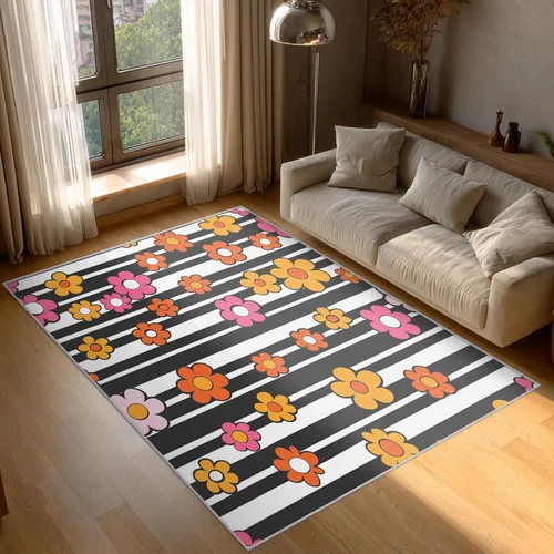 Vista 2 de 2x3 Retro Floral Throw Rugs for Entryway, Washable 70s 80s Flower Pattern Indoor Door Mat, Bedroom Kitchen Entrance, Non Slip Soft Thin, Black White