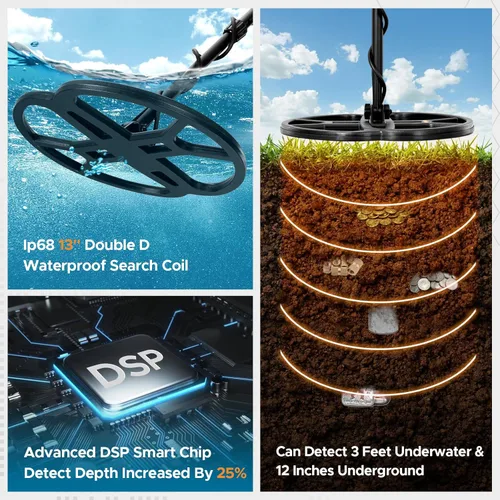 Vista 3 de Detector de metales de 13 pulgadas para adultos profesional, buscador de oro de bobina de búsqueda impermeable doble D con puntero, modo de disco
