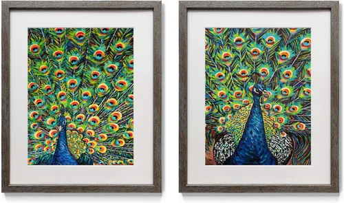 Vista 10 de Arte abstracto de pared de animales, marco rústico de plata envejecida, juego de decoración de pared de 2 piezas: flamenco, pavo real, alce