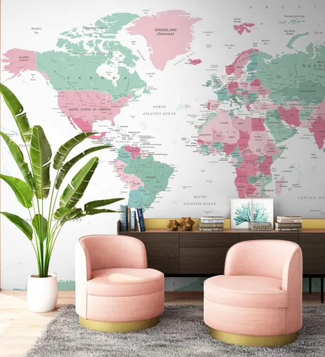 Vista 2 de Murwall Map Wallpaper Political World Map Wall Mural Pink Map Wallpaper Green Map Wall Mural Living Room