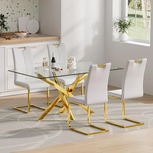 Vista 11 de Juego de mesa de comedor de cristal para 4, moderno juego de mesa de comedor de 51 pulgadas para 4, mesa de cristal dorada en forma de X con 4 Gris