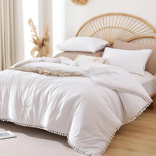 Vista 19 de YIRDDEO - Juego de edredón tamaño King con borla de bolas y borde de pompones, juego de cama King suave para todas las estaciones - 3 piezas, 1