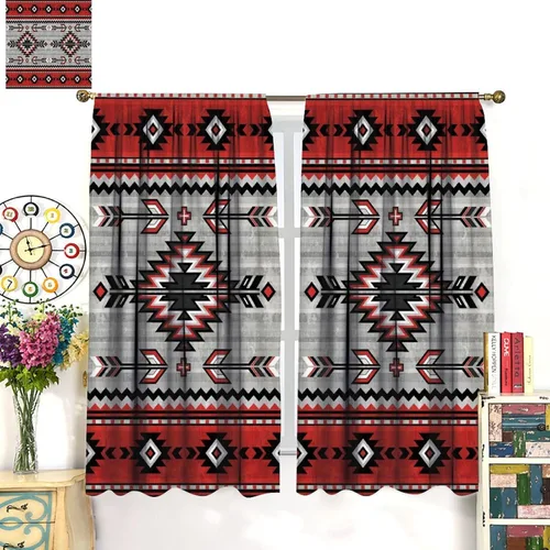Vista 45 de Cortinas con patrón geométrico tribal, estilo suroeste, azteca, rústico, occidental, nativo americano, opacas, con bolsillo para barra, decoración