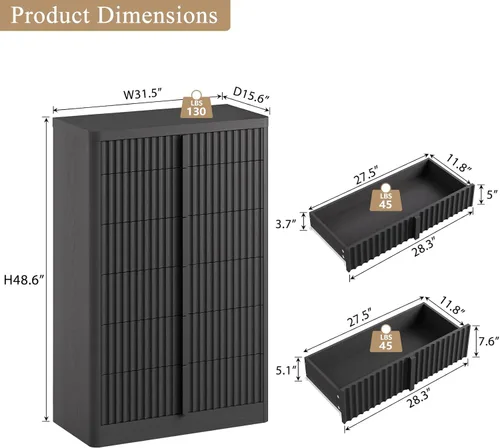 Vista 2 de Cómoda acanalada para dormitorio, cómoda de 6 cajones de 48 pulgadas de alto, cómoda moderna con mango de madera maciza, diseño de perfil curvo