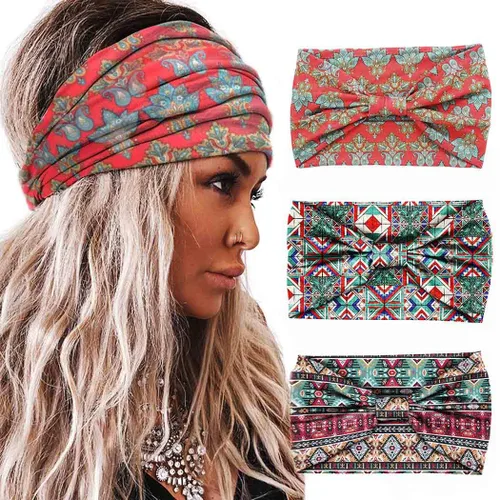 Vista 18 de Diademas boho de nudo ancho, bandas elásticas y impresas para la cabeza, turbantes de estilo bohemia para mujer, 3 piezas (Set I)