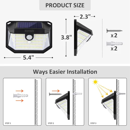 Vista 7 de Luces solares para exteriores, 230 LED con sensor de movimiento y 3 modos, impermeabilidad IP65, luz de ángulo amplio de 270°, luces de pared