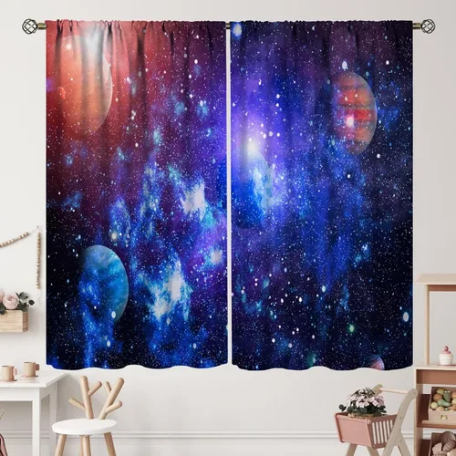 Vista 40 de Cortinas de planeta galaxia, espacio exterior, universo, nebulosa, estrellas, cielo estrellado, con bolsillo para cortinero, para sala de estar