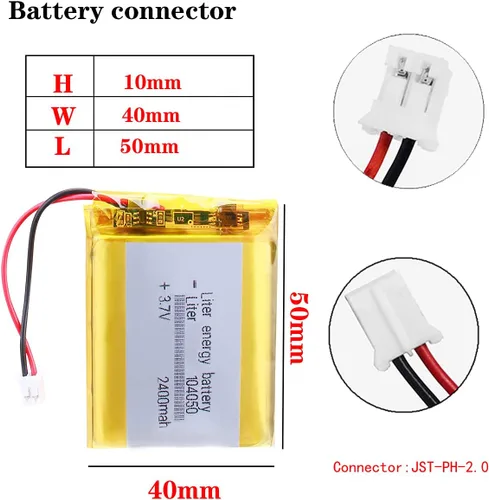 Vista 2 de Liter 3.7V 2400mAh 104050 Lipo Batería recargable de iones de polímero de litio con conector JST 0.079 in