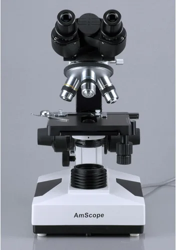 Vista 3 de AmScope Microscopio binocular compuesto B490, Oculares WF10x, Ampliación 40X-1000X, Brightfield, Iluminación halógena, Condensador Abbe, Etapa