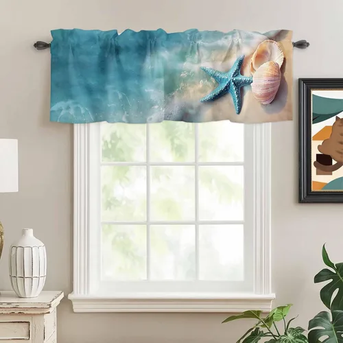 Vista 3 de Cenefas de verano para cocina, cafetería, cenefa de ventana con diseño de estrella de mar costera azul, 42 x 12 pulgadas, bolsillo para barra