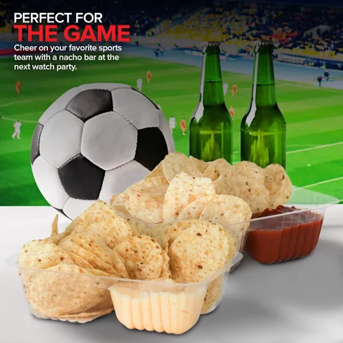Vista 6 de Bandejas de nachos de plástico de 12 oz (paquete de 500) Bandeja desechable pequeña para nachos y salsa de queso, suministros para puestos de venta
