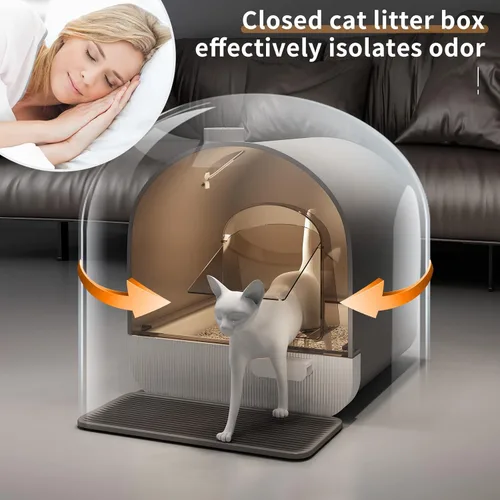 Vista 3 de Caja de arena con filtro de carbono para control de olores, caja de arena de plástico cerrada para gatos con práctica cuchara de arena, inodoro tipo