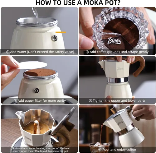 Vista 6 de Estufa para máquina de café expreso, olla de camping Moka de 2 tazas/4.1 fl oz, cafetera italiana de café expreso, fácil de usar (negro)