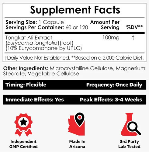 Vista 2 de Nootropics Depot Cápsulas de extracto de Tongkat Ali 100 mg 120 unidades 10% de eurycomanona por HPTLC Extracto de raíz de Eurycoma