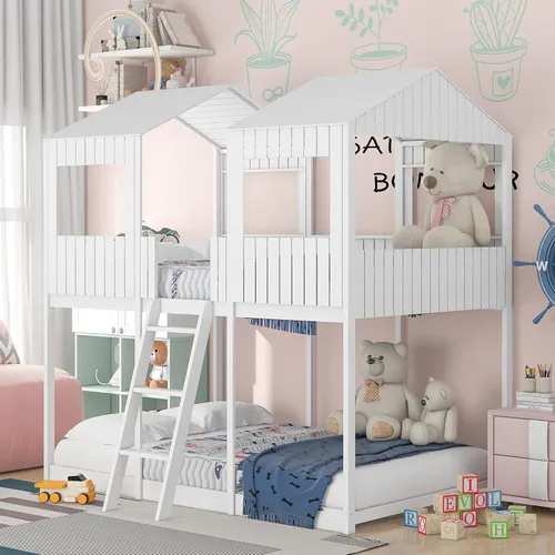 Vista 25 de Harper & Bright Designs - Litera de tamaño individual sobre individual con ventana y techo, literas bajas de madera maciza con estantería, escalera