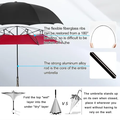Vista 6 de LFLFWY Inverted Reverse Upside Down Umbrella - 49 inch AutoManual Open Large Double Canopy Design Windproof Stick Umbrellas rain Waterproof Golf