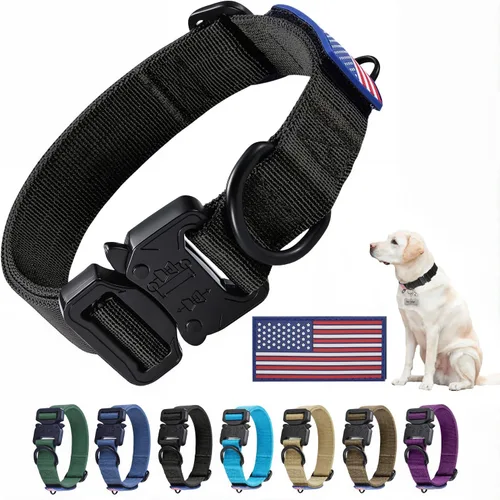 Collar Táctico de Servicio Pesado para Perro Ajustable de Nailon para Mascotas Hebilla de Liberación Rápida con 2 Anillos en D con Parche para Negro