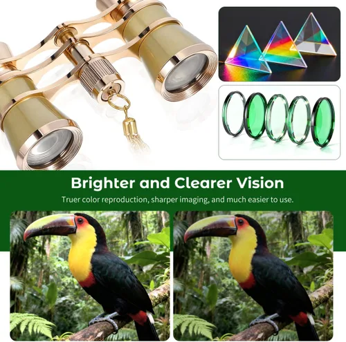 Vista 9 de Gafas de ópera para mujer, mini prismáticos de teatro 3 x 25 con cadena dorada, visión de lente óptica para conciertos musicales, ecuestre