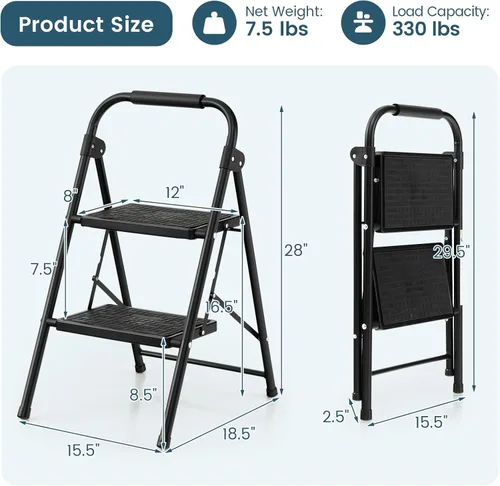 Vista 7 de Nightcore - Escalera de 2 escalones, taburete plegable con mango acolchado y pedal antideslizante ancho, escalera de herramientas de metal ligera