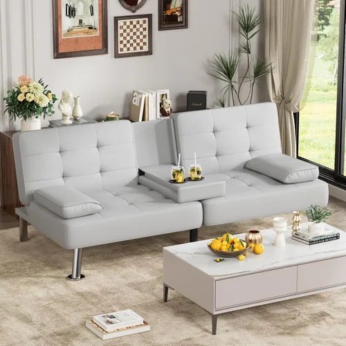 Vista 2 de JUMMICO Sofá futón de piel sintética con reposabrazos extraíbles, sofá cama ajustable con 2 portavasos para sala de estar (piel sintética, blanco)