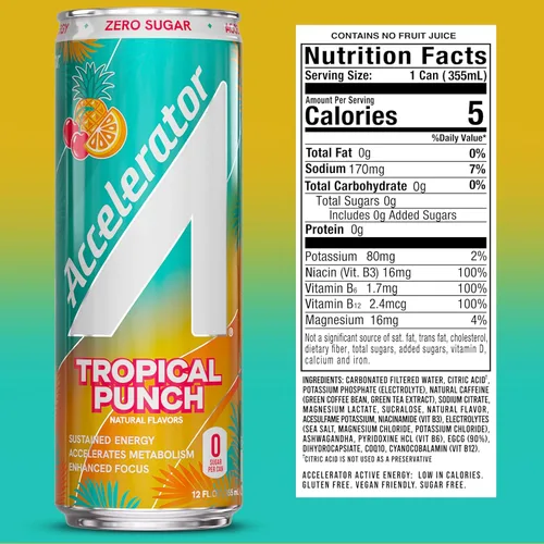 Vista 4 de Bebida energética Accelerator, ponche tropical, lata de 12 onzas (paquete de 12), sin azúcar, energía sostenida de cafeína 100% natural