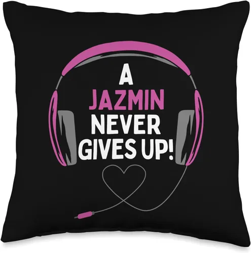 Vista 4 de Gaming Quote "A Jazmin Never Gives Up" Headset Personalized Throw Pillow