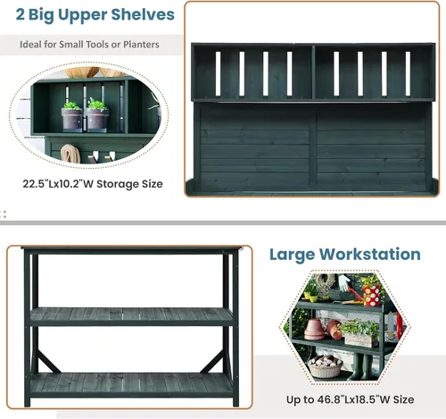 Vista 4 de Polibi - Mesa de banco para macetas con estantes de almacenamiento y gancho lateral, estación de trabajo grande de madera rústica para patio al aire