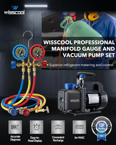 Vista 2 de Wisscool - Bomba de vacío de AC de 3.5CFM y juego de manómetro de 3 vías, kit de manómetro de vacío de aire HVAC de 110V 1/4 hp con 3 adaptadores