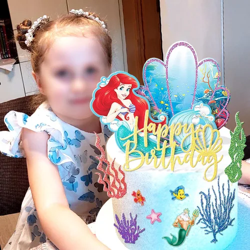 Vista 5 de Suministros de fiesta para decoración de pastel Ariel con purpurina para cumpleaños, algas marinas, perlas de coral, recuerdos de fiesta