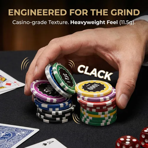 Vista 5 de Fichas de póquer con denominaciones, juego de 300 piezas de 11.5g con números, fichas de casino pesadas, 5 dados, 2 barajas con estuche compacto