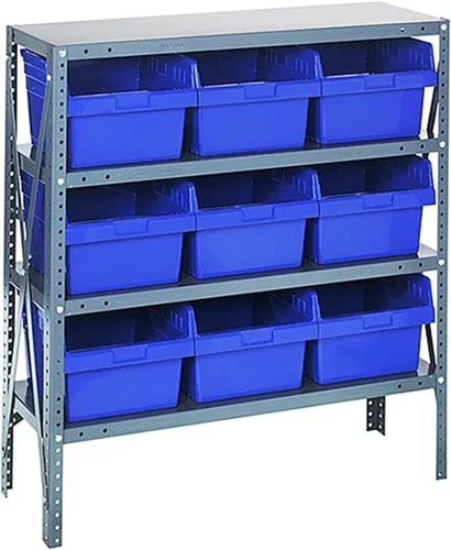 Vista 321 de Quantum QSBU-245BK Heavy Duty Shelving Unit with (7) Shelves and (24) QUS245 Black Bins for Garage Warehouse Storage Distribution 400 lb Load