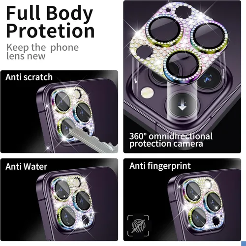 Vista 2 de Protector de lente de cámara para iPhone 14 Pro y iPhone 14 Pro Max, vidrio templado 9H, antiarañazos, lente de metal con purpurina de diamante