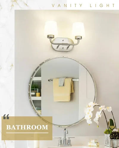 Vista 6 de AD-22004-2W-SN - Lámparas de baño sobre espejo, 2 luces de níquel cepillado con vidrio blanco leche, apliques de pared vintage de granja