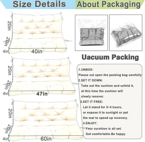 Vista 7 de Cojines de repuesto para columpio con respaldo, cojín de asiento para exteriores, cojines de banco de patio para muebles de exterior de 2 o 3