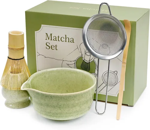 Juego de batidor de matcha verde, kit de té japonés con batidor y cuchara de bambú, Chawan de cerámica con boquilla para ceremonia de té