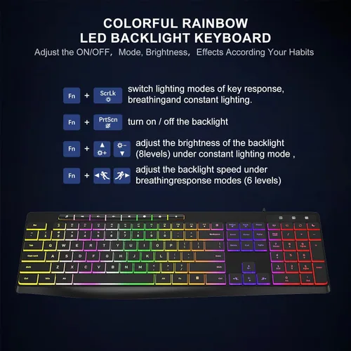 Vista 2 de Teclado de computadora con cable, retroiluminación LED arcoíris de 7 colores, teclado iluminado silencioso con teclas multimedia, teclas de chiclet