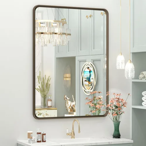 Vista 14 de OKPAL Espejo de Baño con Marco de Metal Negro de 40 x 36 Pulgadas para Pared, Espejo de Tocador de Baño Negro Mate, Espejo Rectangular Redondeado
