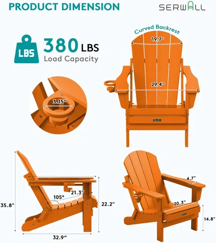 Vista 3 de SERWALL - Silla plegable Adirondack para patio, jardín, exterior, resistente a la intemperie, sillas para hoguera, color naranja