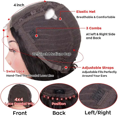 Vista 5 de Spotlight Pelucas de cabello humano lacio con encaje frontal de 4 x 4 para mujeres negras, densidad del 180 %, peluca con cierre de encaje virgen