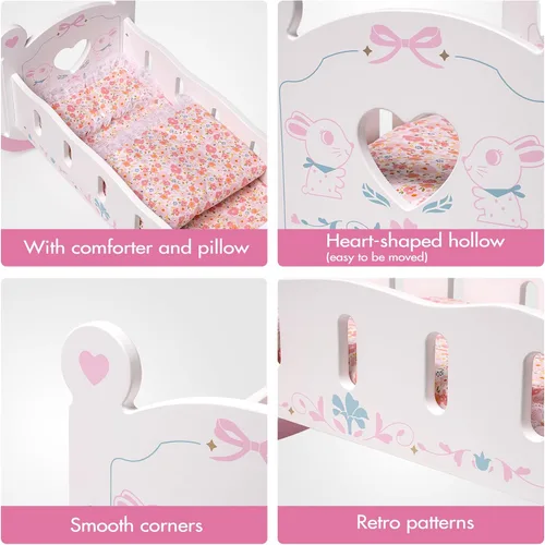 Vista 4 de ROBUD Cuna de Madera para Muñecas de Bebé, Juguetes de Cama para Muñecas de Bebé, para Muñecas de Hasta 18 Pulgadas, Accesorios para Muñecas