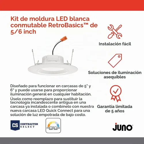 Vista 3 de Juno Iluminación LED Empotrada Ajustable de 4 Pulgadas, Kit de Moldura de Luz LED Descendente con Cardán Ajustable Serie RetroBasics, Luz de Techo