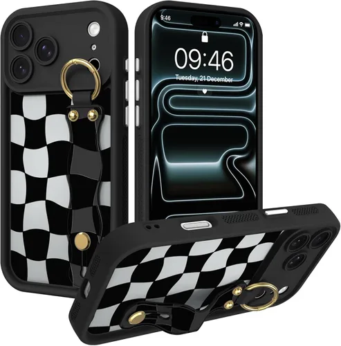 Fiyart Funda a cuadros para iPhone 17 Pro Max con correa de muñeca, color