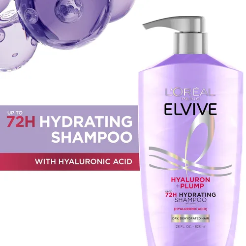 Vista 2 de L'Oreal Paris Elvive Hyaluron Plump Champú hidratante para cabello deshidratado y seco infundido con complejo de cuidado de ácido hialurónico, sin