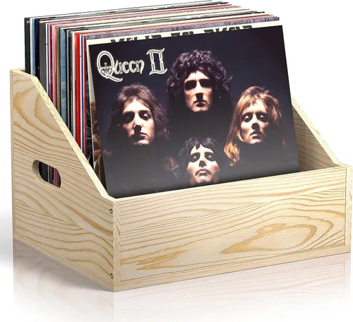 Vista 9 de Almacenamiento de Discos de Vinilo de Madera, Caja de Vinilo Retro y Duradera y Soporte para Discos, Caja de Almacenamiento de Álbumes y Estuche