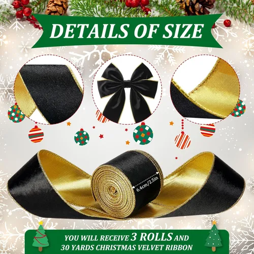 Vista 2 de Yungyan 3 rollos de cinta de terciopelo de Navidad de 30 yardas con borde dorado de 2.5 pulgadas de ancho, con alambre, cinta decorativa de tela