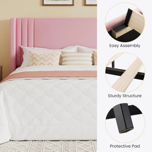 Vista 50 de SHA CERLIN Base de cama tapizada de terciopelo de tamaño matrimonial con cabecera de ala capitonada de canal vertical, soporte de listones